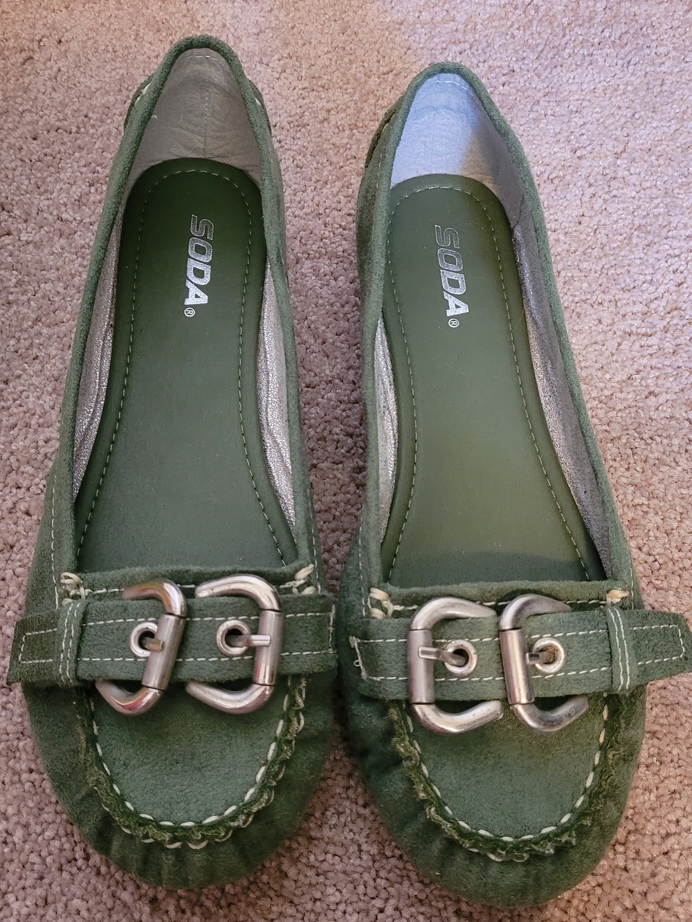 SODA Women's Mammoth Green Faux Suede Buckle Moccasin Flats